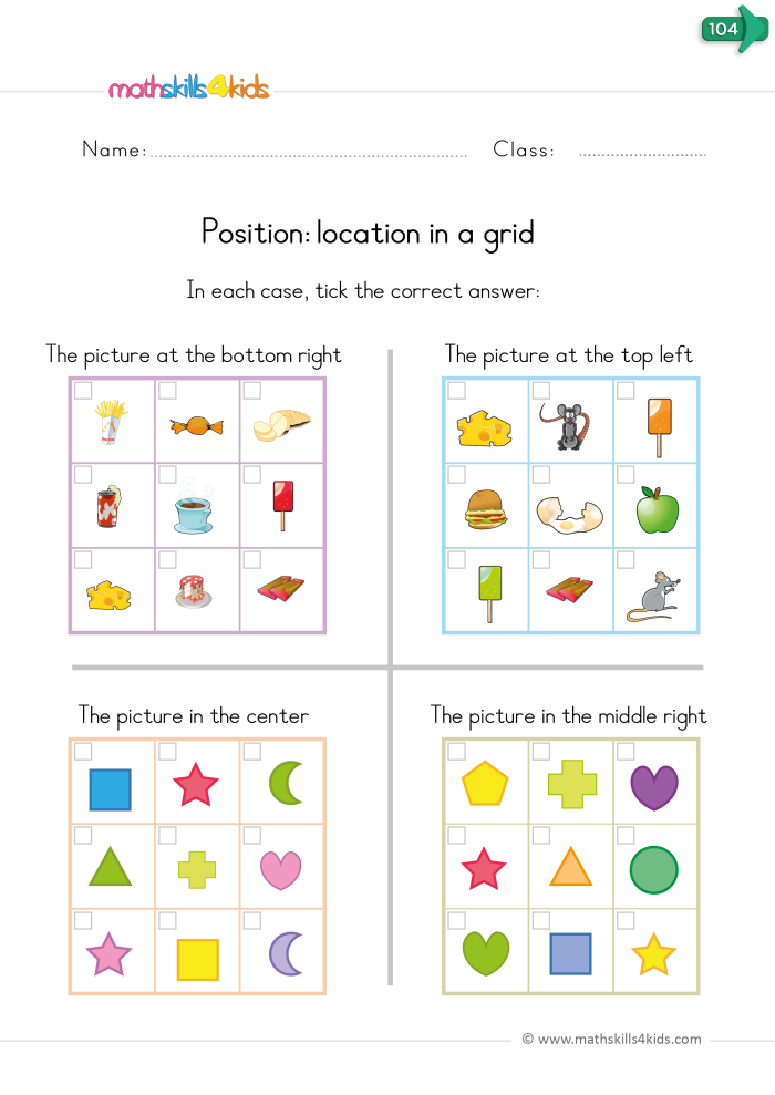 A colorful worksheet for kindergarteners featuring a messy room scene to teach position words