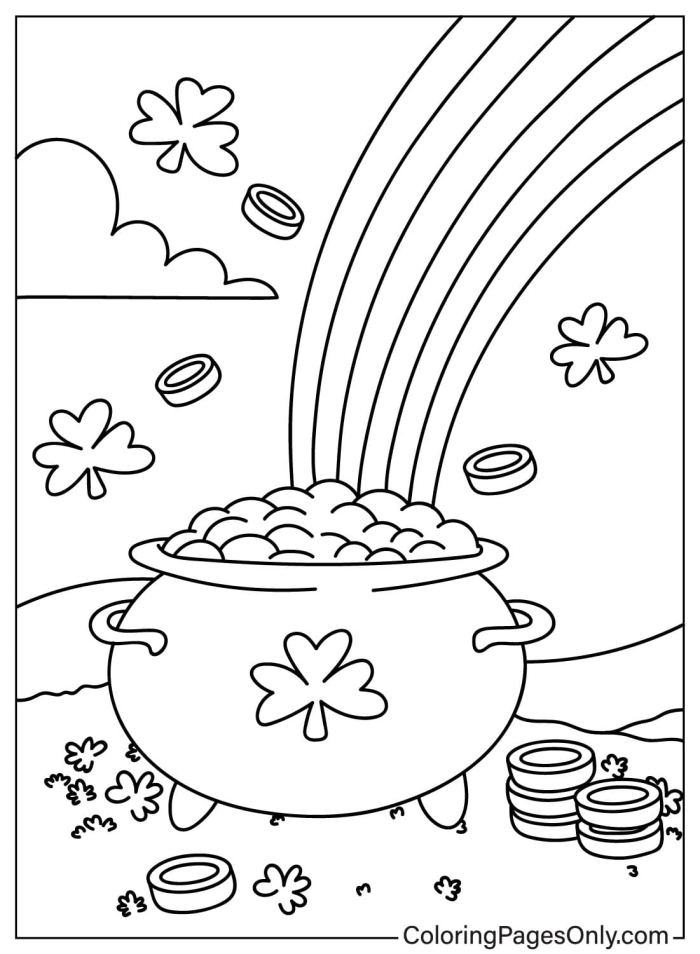 Kindergarten coloring page featuring a pot of gold and a rainbow for St. Patricks Day worksheet number sixteen