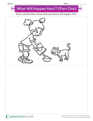 What Will Happen Next worksheet activity 3 for young readers learning story prediction A kindergarten student looking at a worksheet with an astronaut story and blank space to draw what happens next