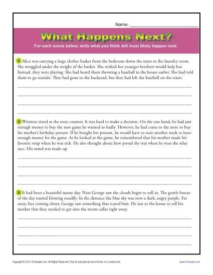 What Will Happen Next Prediction Story Worksheet for Early Readers Image 21 A kindergarten worksheet showing an astronaut character with a story prompt asking children to predict what happens next in the narrative