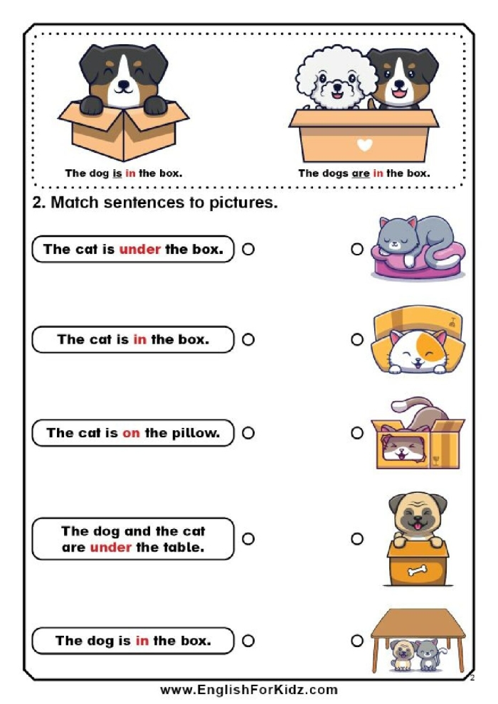 Preposition exercises worksheet for kindergarten featuring fun art activities