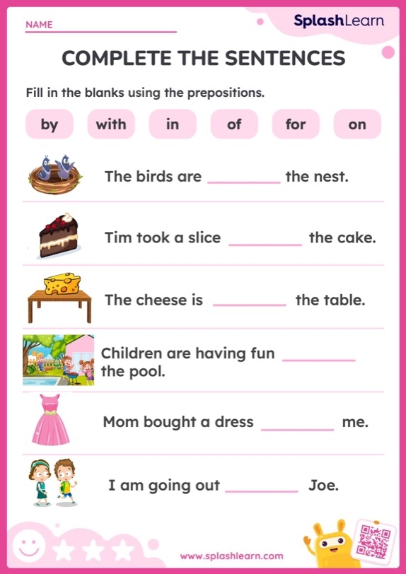 Kindergarten worksheet featuring art supplies to practice preposition exercises for time and money concepts