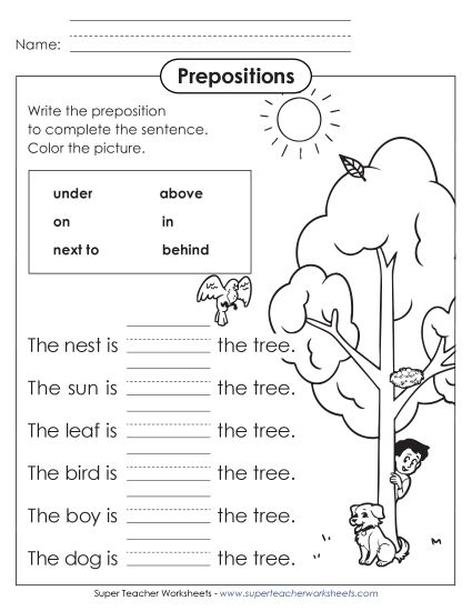 Preposition exercises worksheet for kindergarten focusing on time and money activities