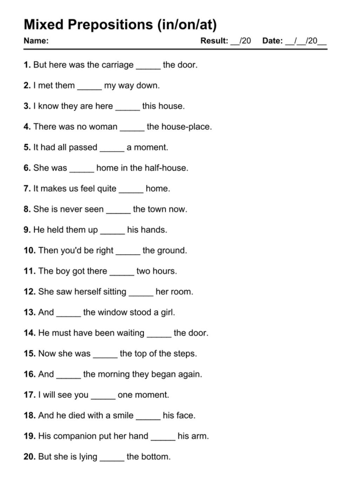 Preposition exercises worksheet for kindergarten art activities