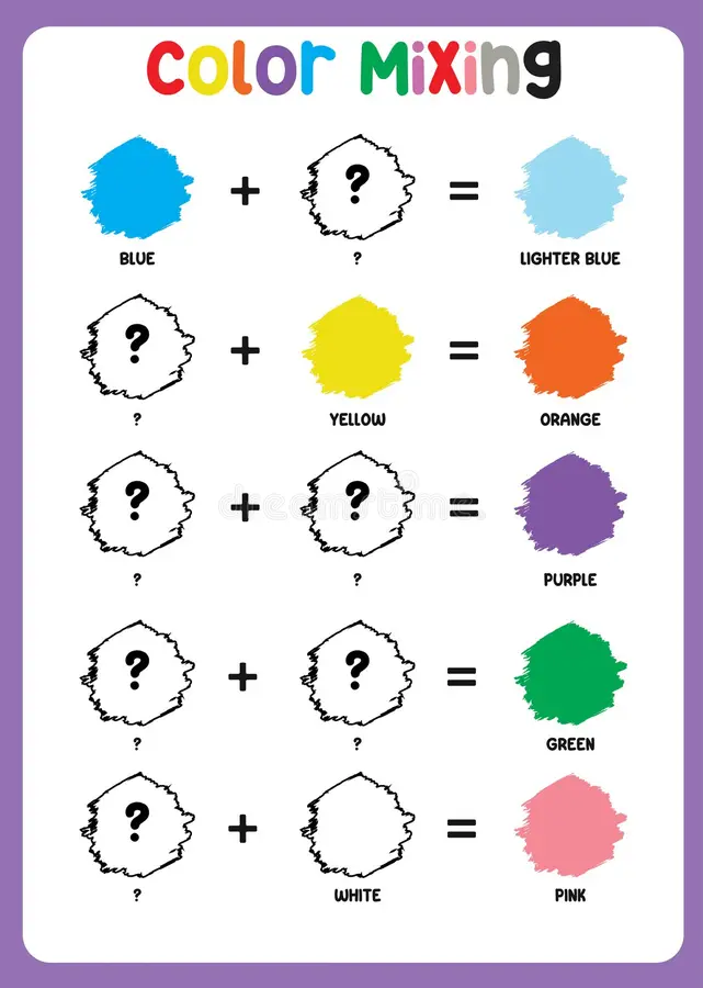 Worksheet featuring activities on mixing primary colors for kindergarten students
