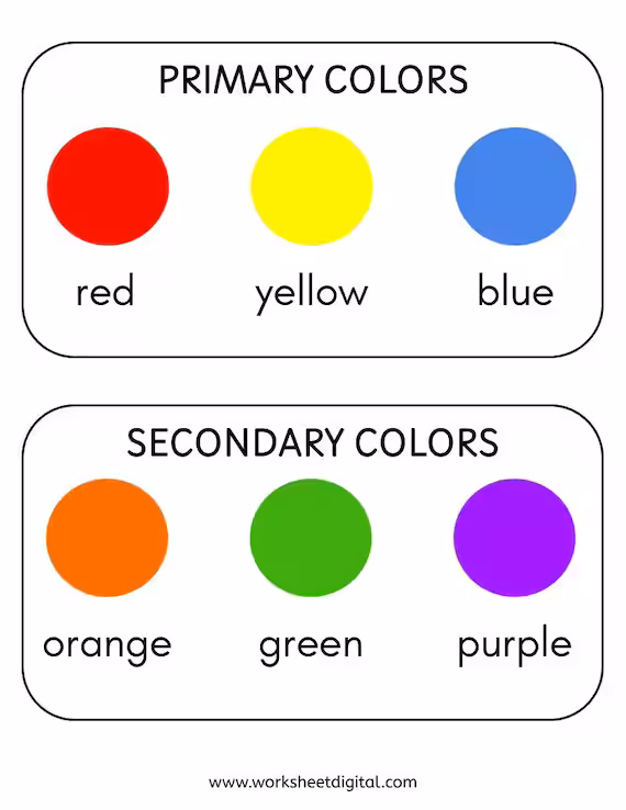 Worksheet for mixing primary colors with examples of red and yellow