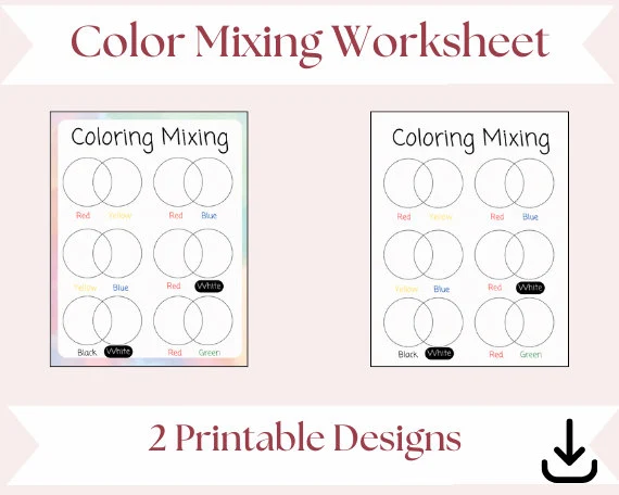 Worksheet for mixing primary colors to discover secondary colors for kindergarten students