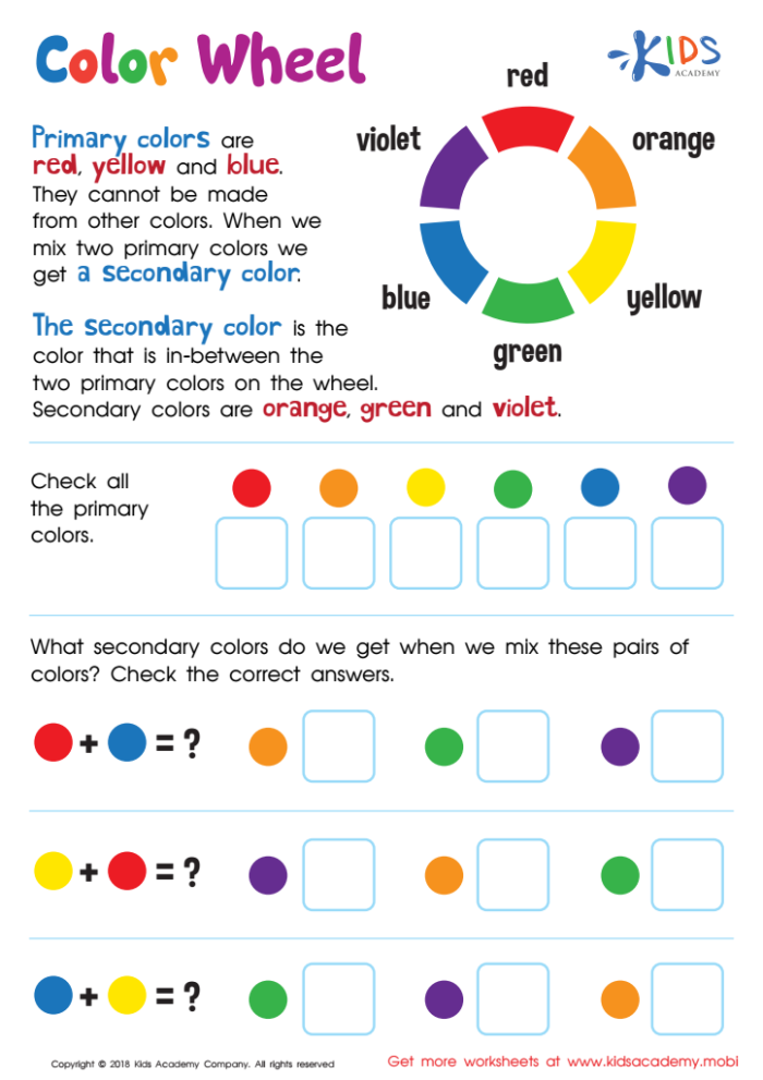 Kindergarten student using paint to explore secondary colors on a mixing primary colors worksheet