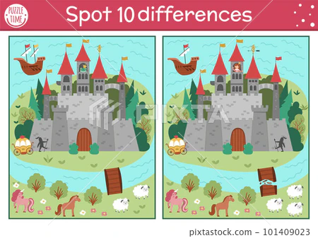 Princess Find the Differences worksheet featuring a prince and princess with 10 differences to spot
