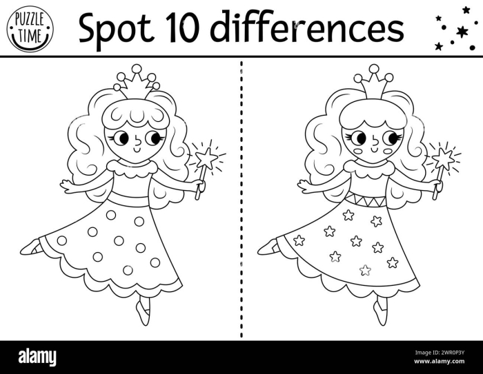 Kindergarten princess find the differences worksheet featuring a prince and princess in a romantic scene