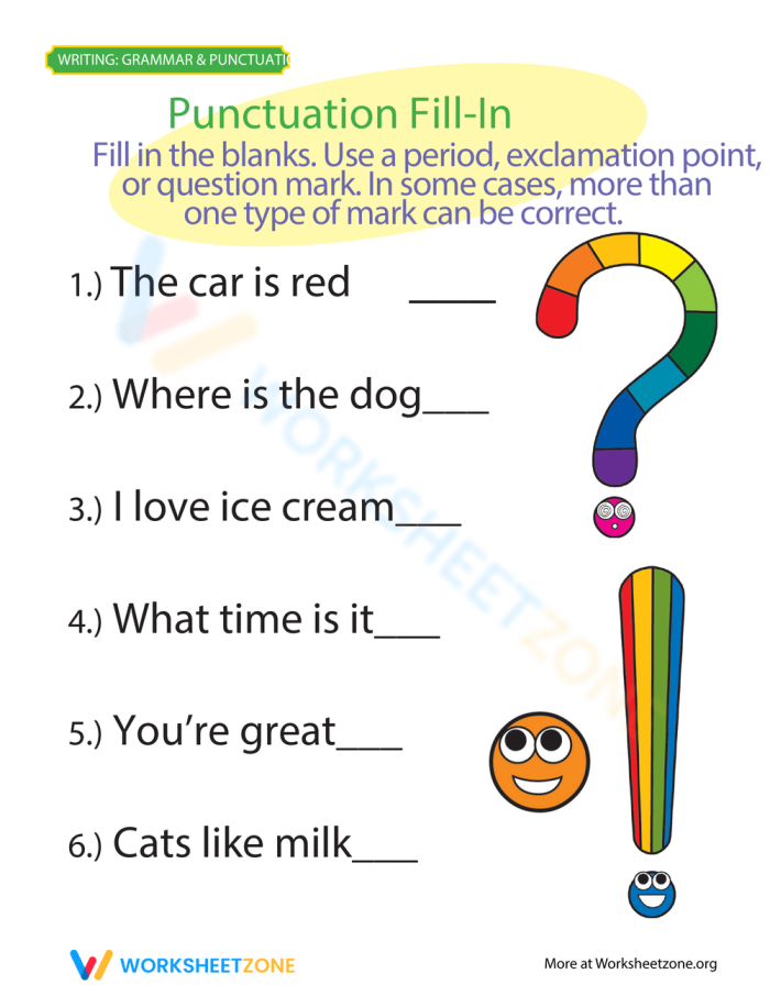 Punctuation Fill-in Activity for Early Learners Worksheet 25 Colorful kindergarten worksheet showing punctuation mark exercises with blanks to fill in periods commas and question marks