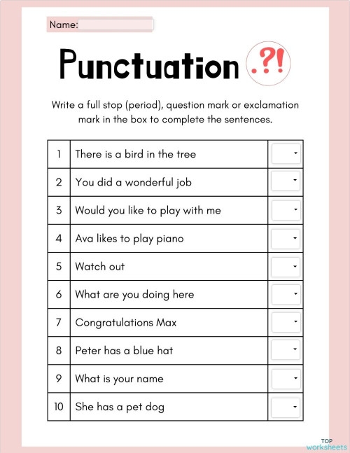 Punctuation Mark Exercises Worksheet 12 for Early Learners Colorful kindergarten worksheet showing punctuation mark exercises with fill-in activities for periods commas and question marks
