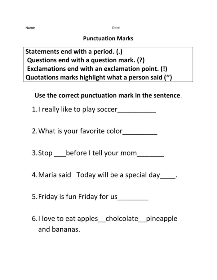 Punctuation Mark Exercises Worksheet Activity 4 for Early Learners Kindergarten student completing a colorful punctuation mark fill-in exercise worksheet with colorful sentences