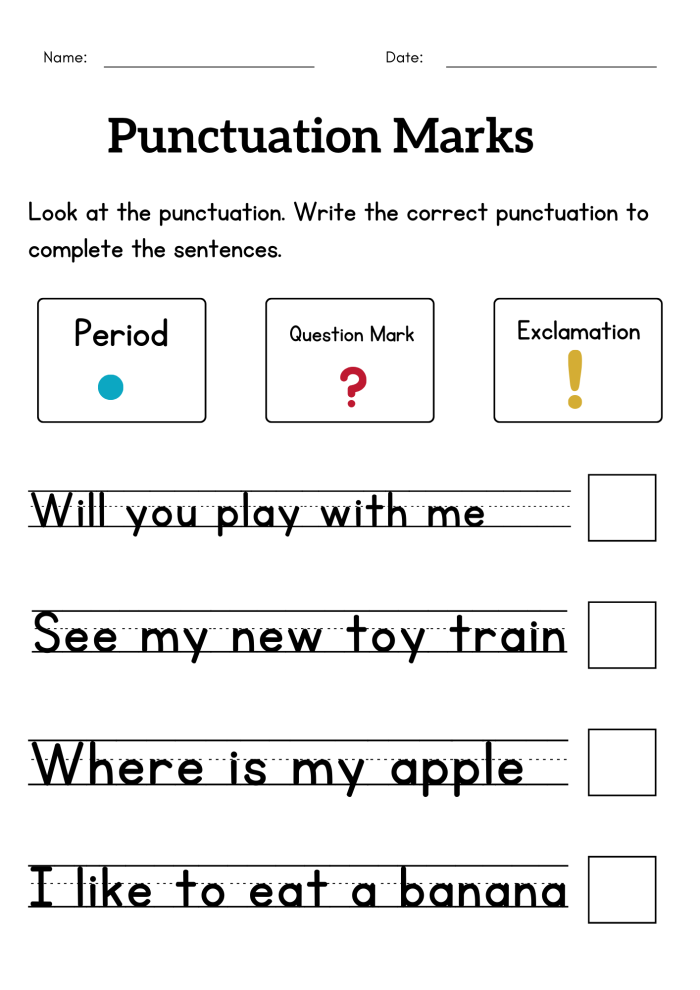 Punctuation Fill-in Activity for Early Learners Image 10 Colorful kindergarten worksheet showing punctuation mark exercises with blank spaces for students to fill in periods, question marks, and exclamation points