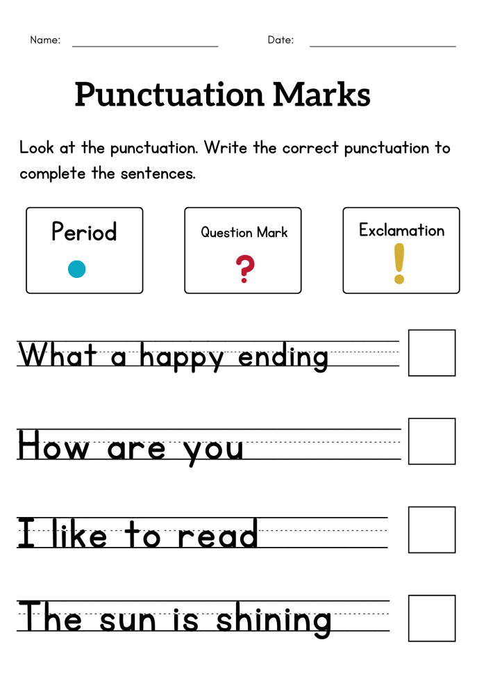Punctuation Mark Exercises Worksheet Fifteen for Kindergarten Grammar Kindergarten worksheet for practicing punctuation marks with colorful fill in the blank exercises