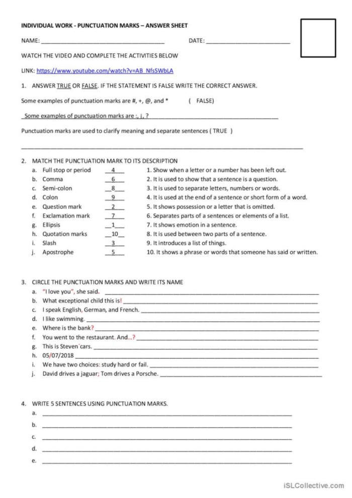 Punctuation Mark Exercises Worksheet Number 21 for Kindergarten Grammar Kindergarten worksheet with colorful graphics for practicing basic punctuation marks