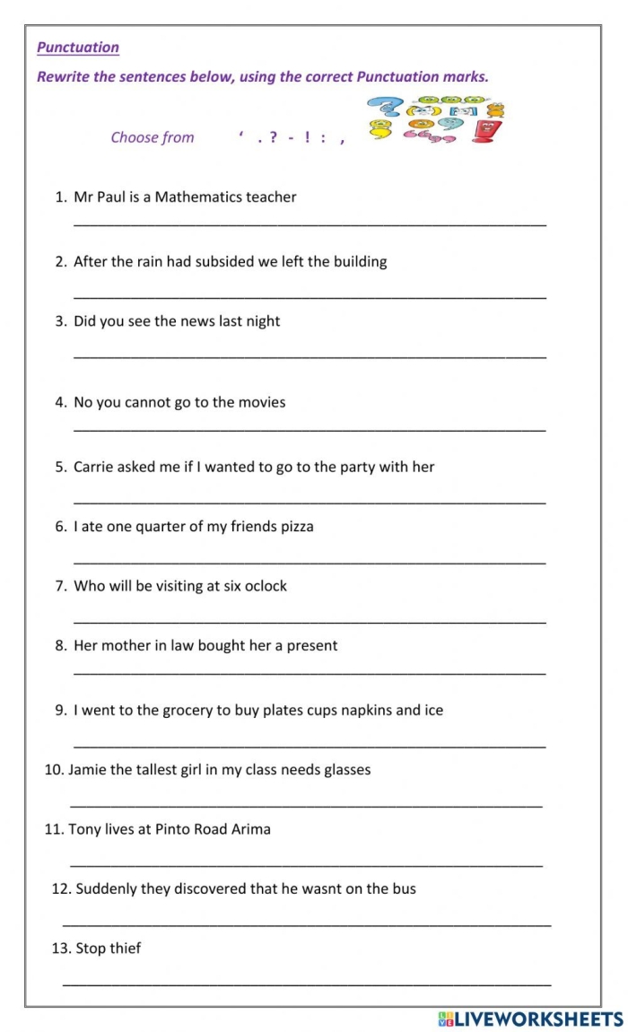Punctuation mark exercises worksheet for kindergarten page 5 Colorful worksheet featuring punctuation mark exercises for kindergarten students
