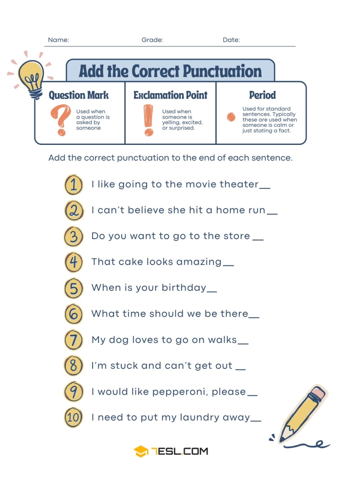 Punctuation Mark Exercises Worksheet 9 Grammar Practice for Young Learners Colorful kindergarten worksheet showing punctuation mark exercises with fill-in activities for learning periods commas and question marks