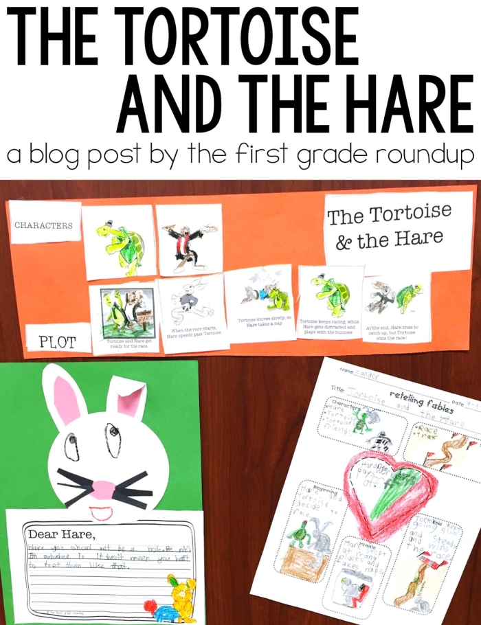 A colorful puppet show worksheet featuring characters from The Hare and the Tortoise story