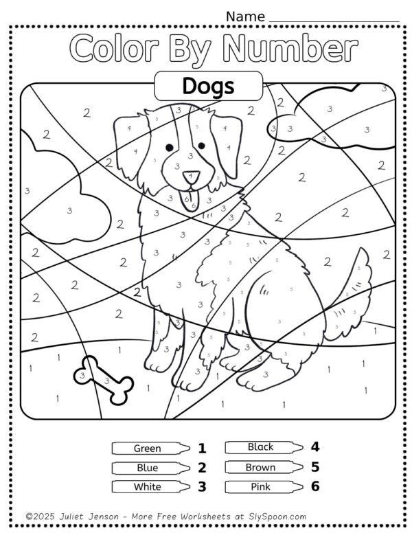 A cute puppy coloring page for kindergarten students practicing numbers and colors