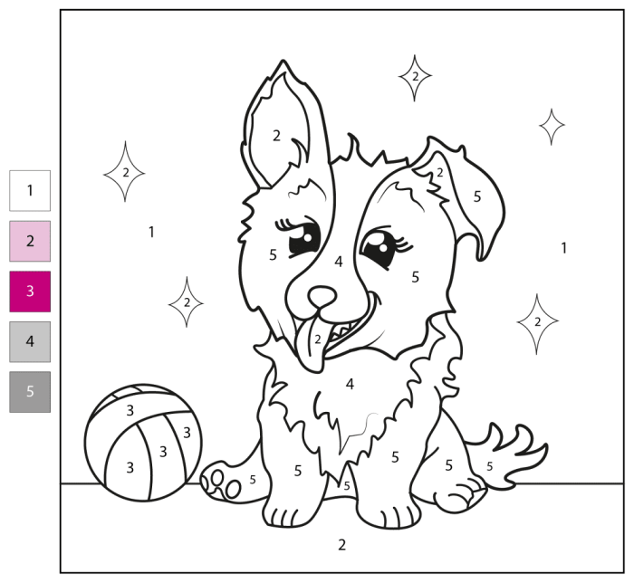 Kindergarten students color an adorable puppy by number to practice reading and following instructions