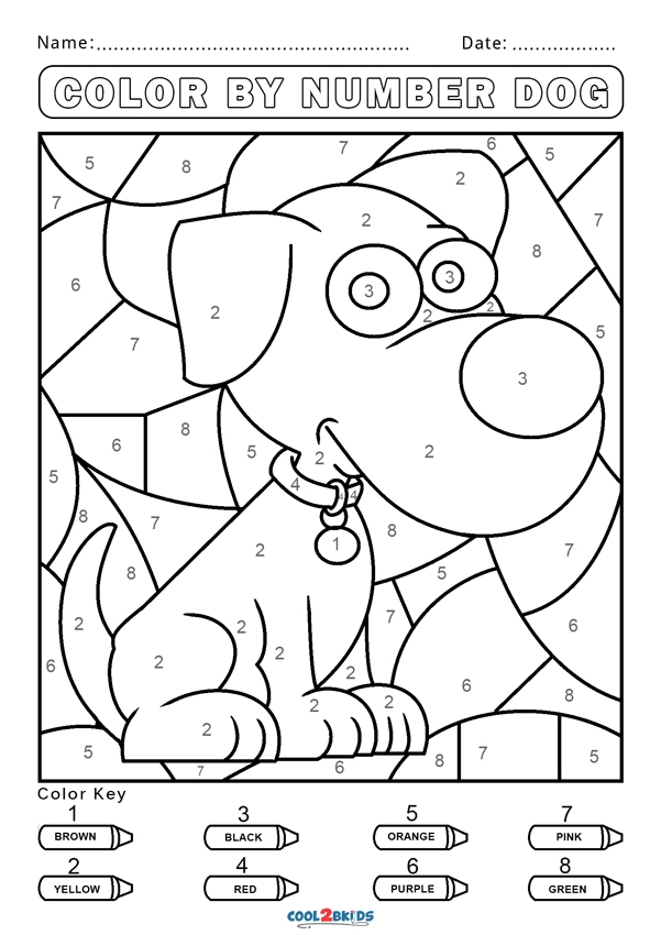 Coloring worksheet featuring a cute puppy designed for kindergarten kids to practice colors and numbers