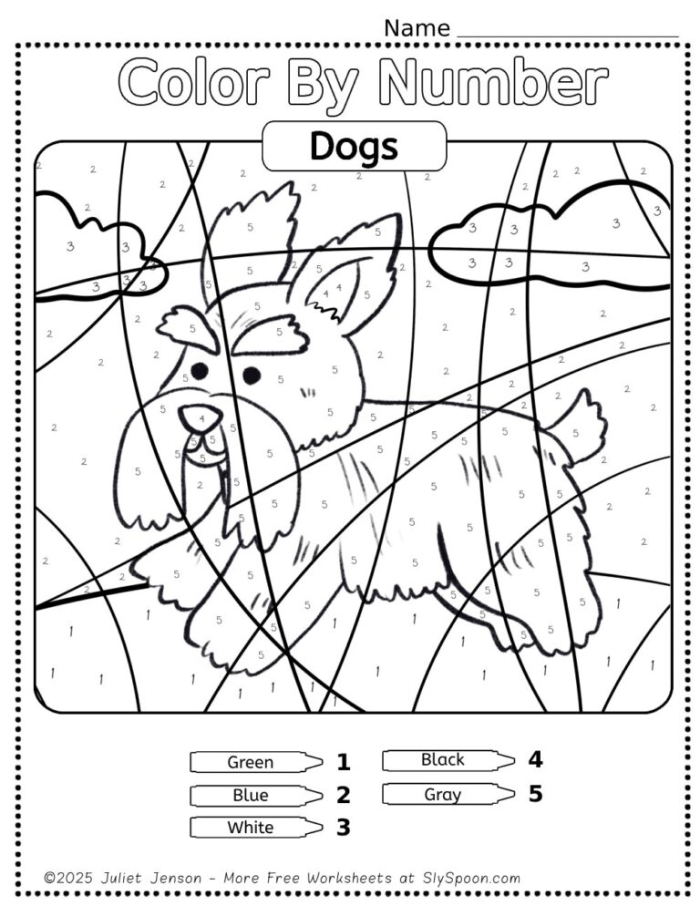 Color by Number worksheet featuring a cute puppy for kindergarten students to practice colors and numbers