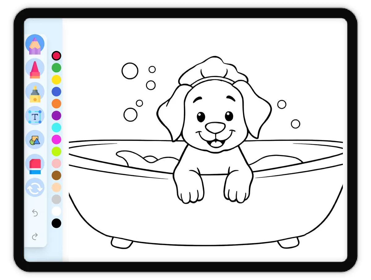Kindergarten student coloring a puppy during bath time worksheet