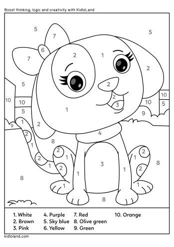 Kindergarten student coloring a puppy by number worksheet 23