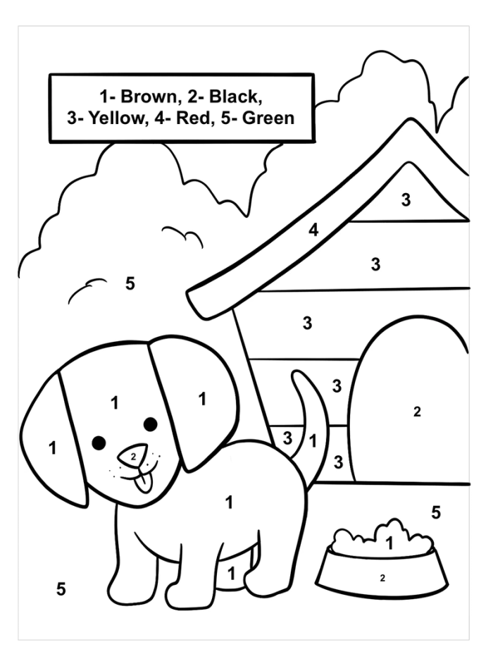 Cute puppy coloring worksheet for kids to practice colors and numbers