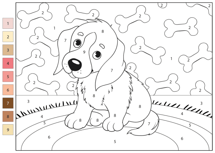 Kindergarten student coloring a puppy worksheet by following number instructions
