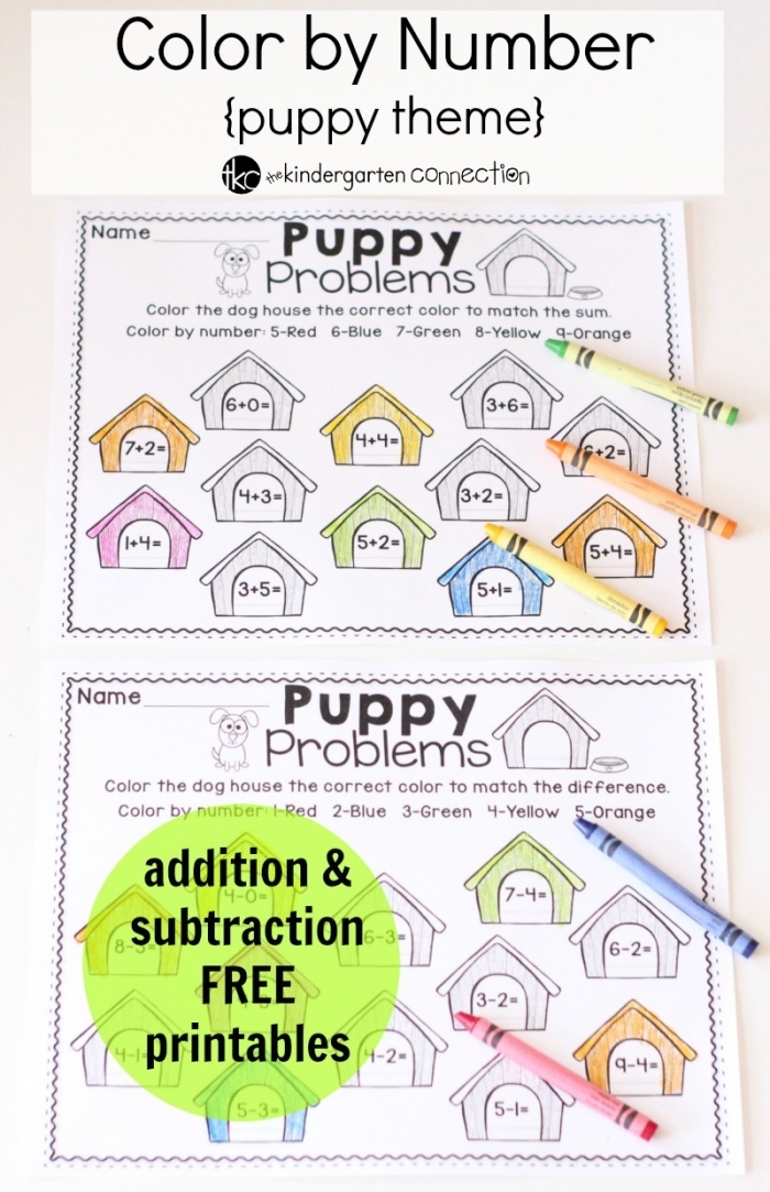 Kindergarten student coloring a cute puppy by matching numbers to colors on a worksheet