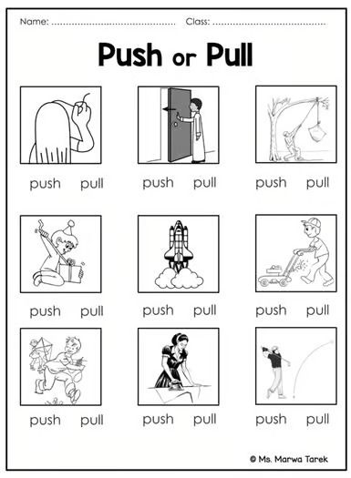 Identify Pushes and Pulls worksheet for kindergarten students showcasing everyday forces