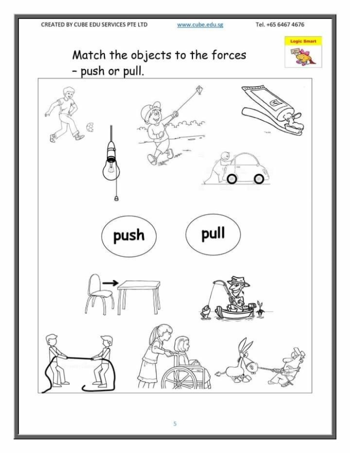 Colorful worksheet for kindergarten students on identifying pushes and pulls in everyday situations