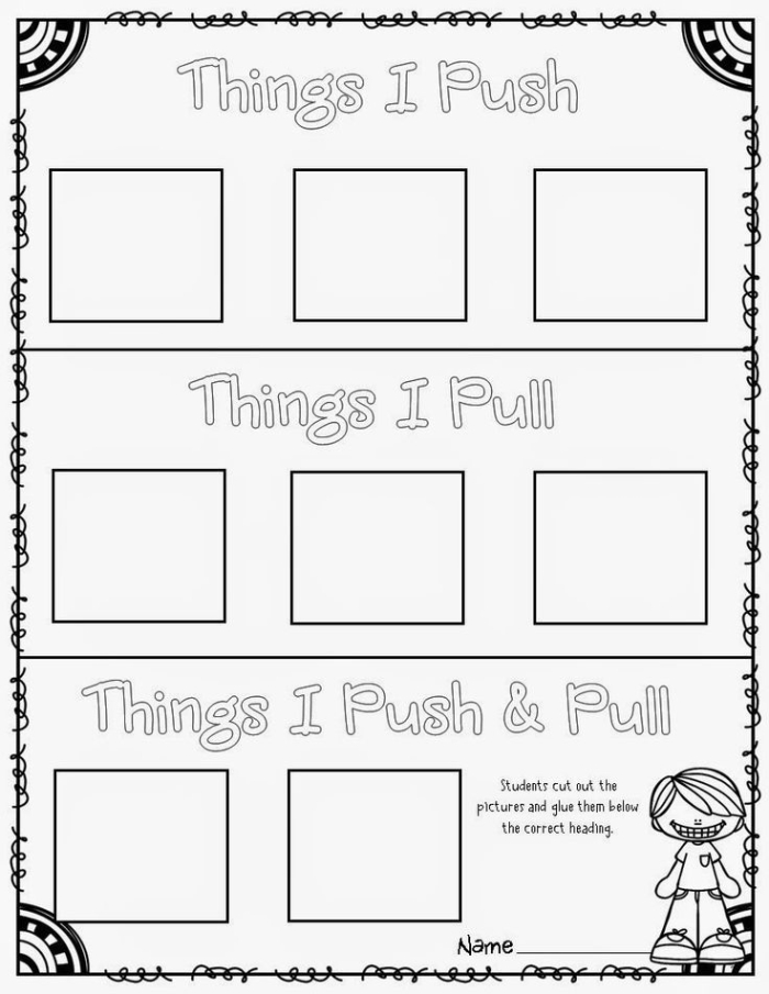 Identify pushes and pulls worksheet for kindergarten students exploring forces