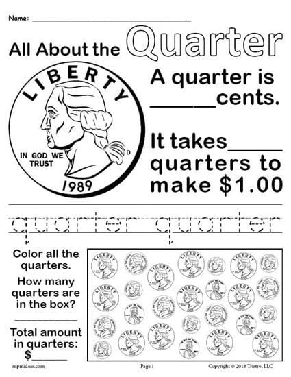 Kindergarten student tracing and coloring a worksheet to learn about the quarter coin