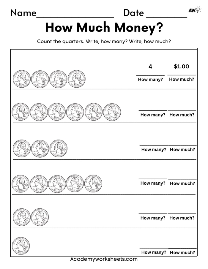 Kindergarten worksheet for learning about the quarter coin with tracing and counting activities