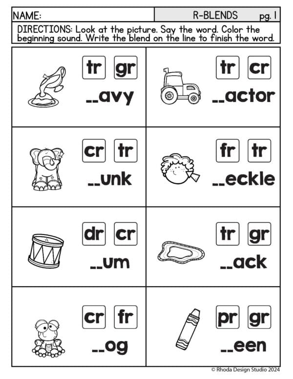 R Blends Practice Activity for Beginning Readers Grade K Kindergarten student worksheet showing pictures with consonant R blend words to identify beginning sounds