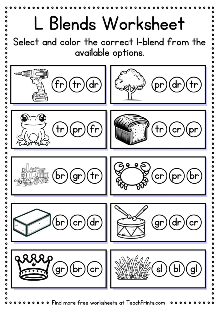 Practice Identifying R Blends Worksheet Four Kindergarten worksheet featuring pictures to help students identify and circle the correct R blend at the beginning of each word