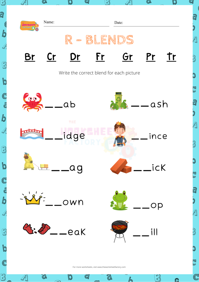 R Blends Kindergarten Grammar Worksheet Image 5 Kindergarten student completing an R blends worksheet by identifying the beginning consonant sound for each illustration