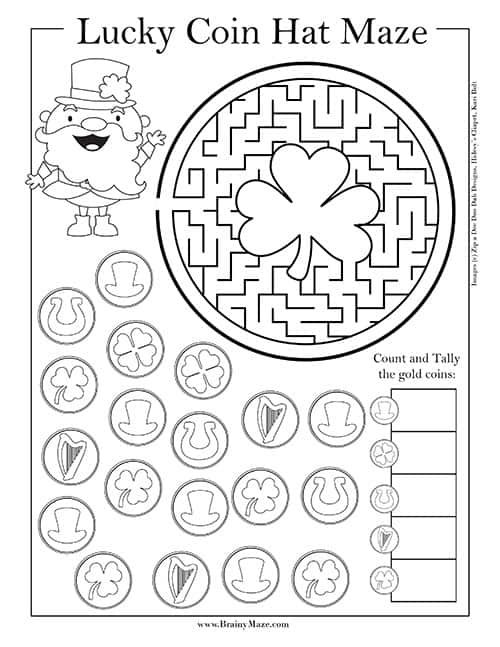 Kindergarten student solving a St. Patricks Day rainbow maze and counting worksheet