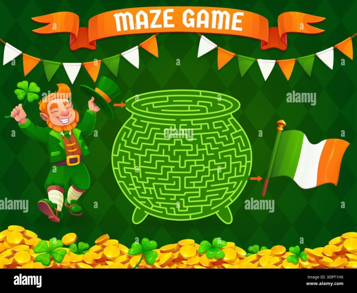 Colorful St. Patrick's Day Rainbow Maze worksheet designed for kindergarten children to practice numbers and counting. Engaging image of a maze where kids can navigate and color the rainbow.