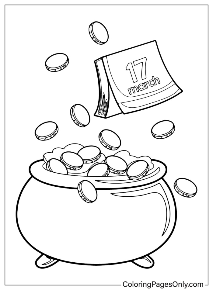 Coloring page featuring a pot of gold at the end of a rainbow for kindergarten students