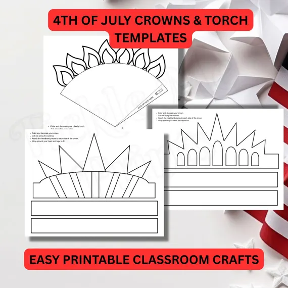 Kindergarten student wearing a paper Statue of Liberty crown for a 4th of July reading activity