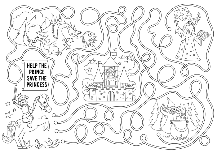 A colorful castle maze worksheet designed for kindergarten reading skills