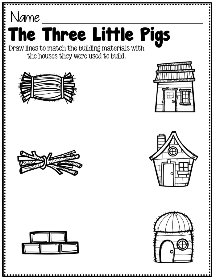 Worksheet image for "The Five Little Pigs" with comprehension questions for young readers Illustration of a worksheet featuring "The Five Little Pigs" poem for kindergarten reading comprehension
