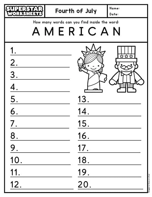 Kindergarten student completing a printable 4th of July reading game worksheet