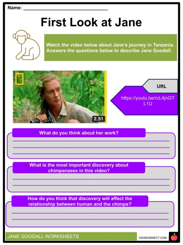 Kindergarten student working on an All About Jane Goodall reading worksheet about conservation