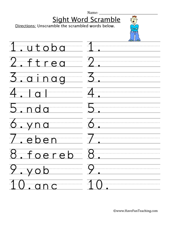 Sight Word Scramble worksheet for kindergarten students focusing on reading skills
