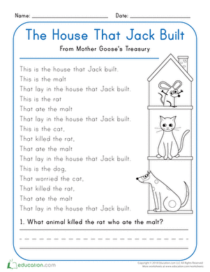Illustration of a reading comprehension activity based on a classic nursery rhyme Worksheet featuring "The House that Jack Built" for kindergarten reading skills